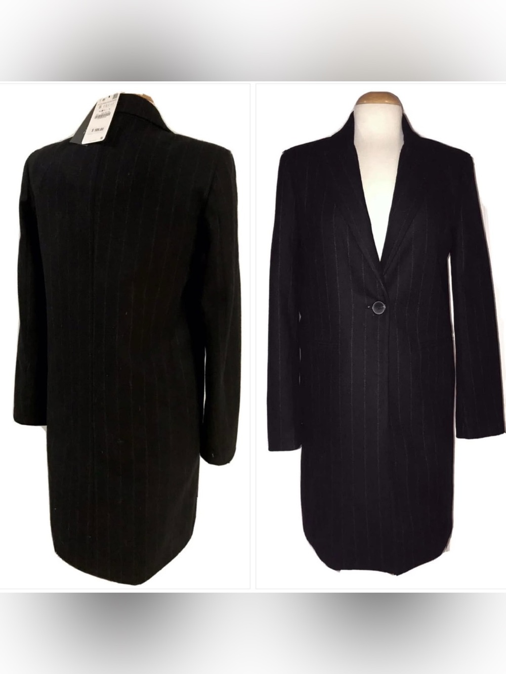 NWT Zara Black Pinstripe Button Long Dress Trench Coat w/ Faux Pockets